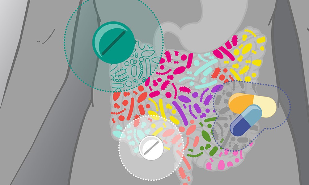 Medikamente können die Darmmikroben auf unterschiedliche Weise beeinflussen. Illustration: Isabel Romero Calvo/EMBL